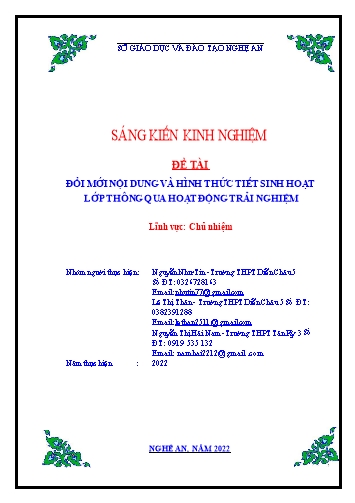 Sáng kiến kinh nghiệm Đổi mới nội dung và hình thức tiết sinh hoạt lớp thông qua hoạt động trải nghiệm