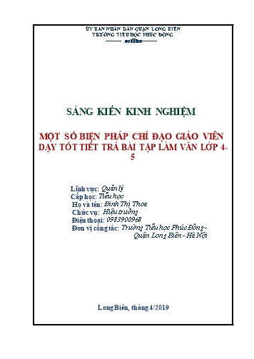 Sáng kiến kinh nghiệm Một số biện pháp chỉ đạo giáo viên dạy tốt tiết trả bài tập làm văn Lớp 4, Lớp 5