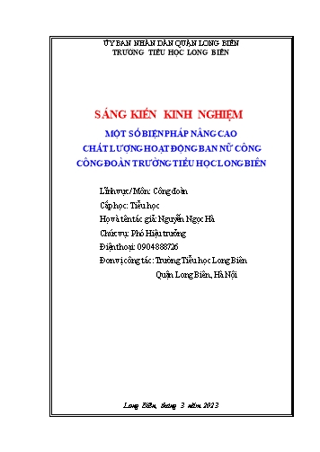 Sáng kiến kinh nghiệm Một số biện pháp nâng cao chất lượng hoạt động ban nữ công, Công đoàn trường Tiểu học Long Biên