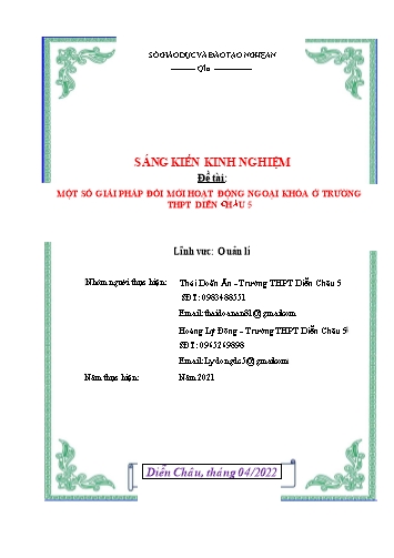 Sáng kiến kinh nghiệm Một số giải pháp đổi mới Hoạt động ngoại khóa ở trường THPT Diễn Châu 5
