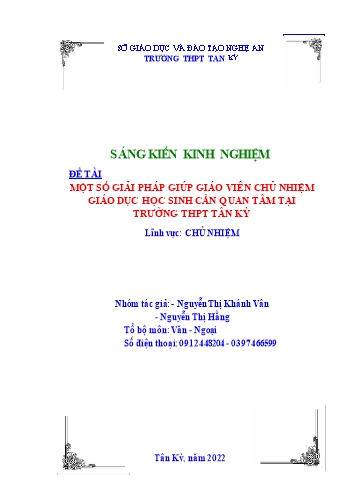 Sáng kiến kinh nghiệm Một số giải pháp giúp GVCN giáo dục HS cần quan tâm tại trường THPT Tân Kỳ