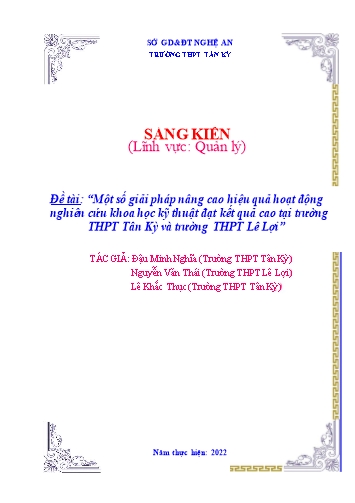 Sáng kiến kinh nghiệm Một số giải pháp nâng cao hiệu quả hoạt động nghiên cứu khoa học kỹ thuật đạt kết quả cao tại trường THPT
