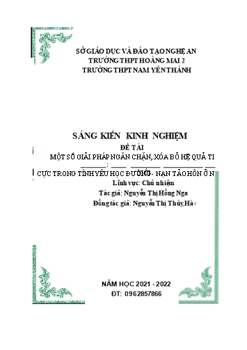 Sáng kiến kinh nghiệm Một số giải pháp ngăn chặn, xóa bỏ ảnh hưởng tiêu cực của tình yêu học đường, nạn Tảo hôn ở nữ giới