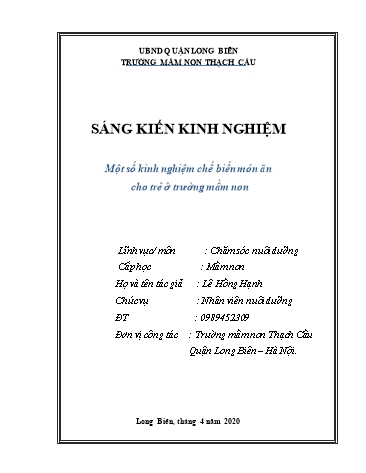Sáng kiến kinh nghiệm Một số kinh nghiệm chế biến món ăn cho trẻ trong trường mầm non