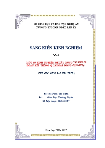 Sáng kiến kinh nghiệm Một số kinh nghiệm để xây dựng tập thể lớp đoàn kết thông qua hoạt động chủ nhiệm