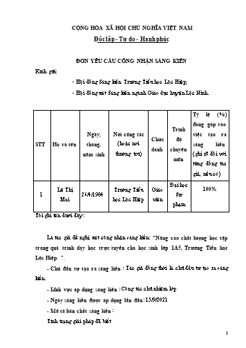 Sáng kiến kinh nghiệm Nâng cao chất lượng học tập trong quá trình dạy học trực tuyến cho học sinh Lớp 1 Trường Tiểu học Lộc Hiệp