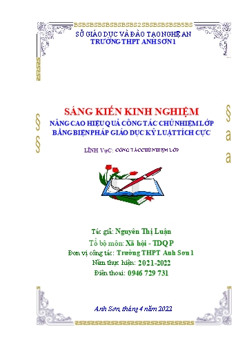 Sáng kiến kinh nghiệm Nâng cao hiệu quả công tác chủ nhiệm lớp bằng biện pháp giáo dục
