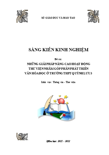 Sáng kiến kinh nghiệm Những giải pháp nâng cao hoạt động thư viện nhằm góp phần phát triển văn hóa đọc ở Trường THPT Quỳnh Lưu 3