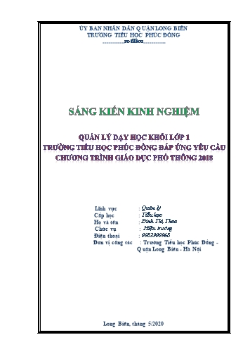 Sáng kiến kinh nghiệm Quản lý hoạt động dạy học khối Lớp 1 ở trường Tiểu học Phúc Đồng đáp ứng yêu cầu chương trình GDPT 2018