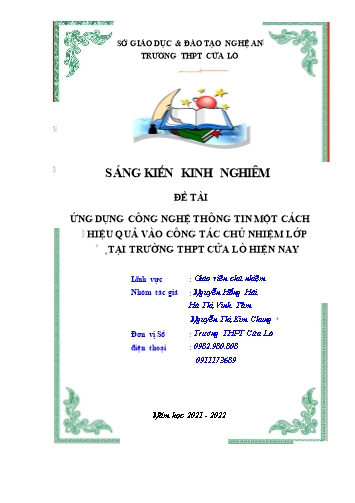 Sáng kiến kinh nghiệm Ứng dụng CNTT một cách hiệu quả vào công tác chủ nhiệm lớp tại trường THPT Cửa Lò hiện nay