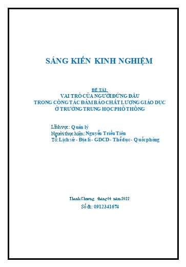 Sáng kiến kinh nghiệm Vai trò của người đứng đầu trong công tác đảm bảo chất lượng giáo dục ở trường THPT