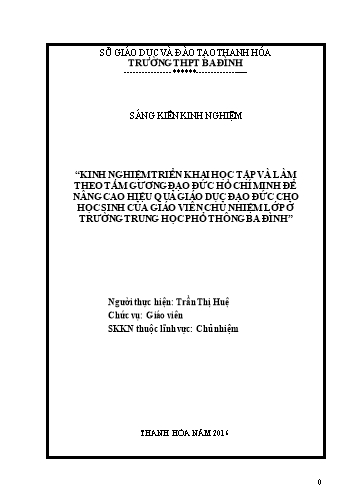 SKKN Kinh nghiệm triển khai học tập và làm theo tấm gương đạo đức HCM để nâng cao hiệu quả GD đạo đức cho HS của GVCN lớp ở trường THPT Ba Đình