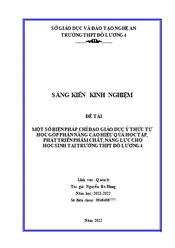 SKKN Một số biện pháp chỉ đạo GD ý thức tự học góp phần nâng cao hiệu quả học tập, phát triển phẩm chất, năng lực cho HS tại trường THPT Đô Lương 4