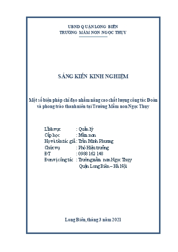 SKKN Một số biện pháp chỉ đạo nhằm nâng cao chất lượng công tác Đoàn và phong trào thanh niên tại Trường Mầm non Ngọc Thụy