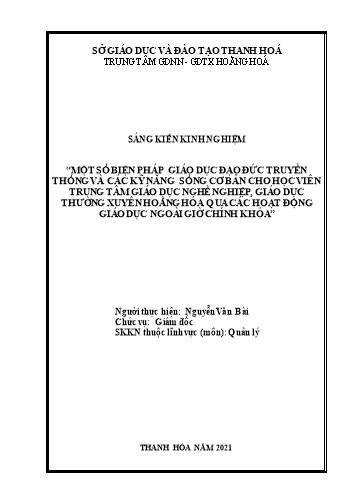 SKKN Một số biện pháp giáo dục đạo đức truyền thống và các kỹ năng sống cơ bản cho học viên qua các hoạt động giáo dục ngoài giờ chính khóa