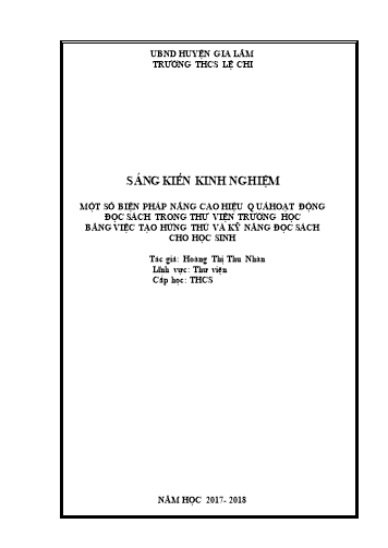 SKKN Một số biện pháp nâng cao hiệu quả hoạt động đọc sách trong thư viện trường học bằng việc tạo hứng thú và kỹ năng đọc sách cho HS