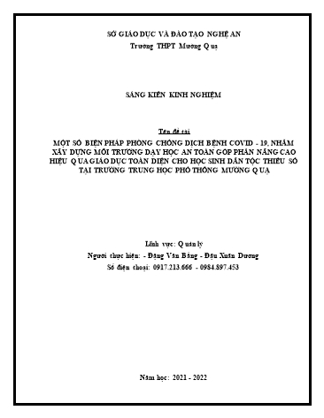 SKKN Một số biện pháp phòng chống dịch bệnh covid-19, nhằm xây dựng MT dạy học an toàn góp phần nâng cao hiệu qủa GD toàn diện cho HS DTTS tại trường THPT