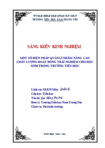 SKKN Một số biện pháp quản lí nhằm nâng cao chất lượng hoạt động giáo dục trải nghiệm cho học sinh trong trường Tiểu học