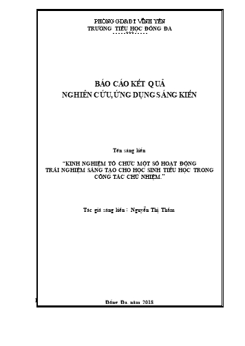 Sáng kiến kinh nghiệm Kinh nghiệm tổ chức một số hoạt động trải nghiệm sáng tạo cho học sinh tiểu học trong công tác chủ nhiệm