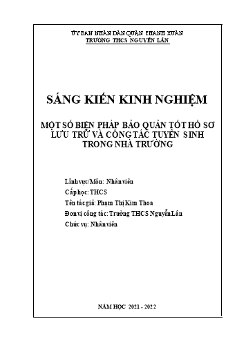 Sáng kiến kinh nghiệm Một số biện pháp bảo quản tốt hồ sơ lưu trữ và công tác tuyển sinh trong nhà trường THCS