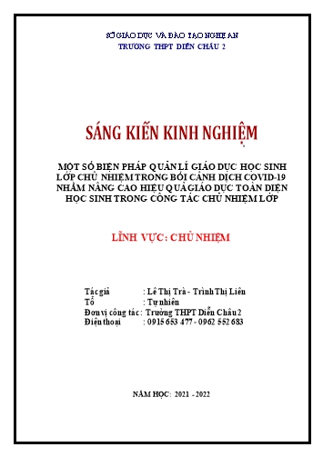 Sáng kiến kinh nghiệm Một số biện pháp quản lý giáo dục học sinh lớp chủ nhiệm trong bối cảnh dịch bệnh nâng cao hiệu quả giáo dục toàn diện học sinh trong công tác chủ nhiệm lớp