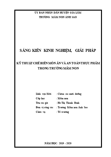 Sáng kiến kinh nghiệm Kỹ thuật chế biến món ăn và an toàn thực phẩm trong trường mầm non