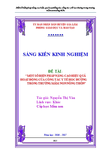 Sáng kiến kinh nghiệm Một số biện pháp nâng cao hiệu quả hoạt động của công tác y tế học đường trong trường mầm non nông thôn