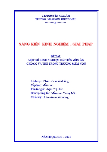 Sáng kiến kinh nghiệm Một số kinh nghiệm cải tiến món ăn cho cô và trẻ trong trường mầm non