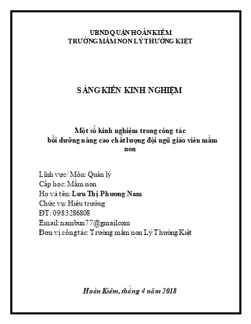 Sáng kiến kinh nghiệm Một số kinh nghiệm trong công tác bồi dưỡng nâng cao chất lượng đội ngũ giáo viên mầm non