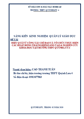 SKKN Hiệu quả từ công tác chỉ đạo và tổ chức thực hiện các hoạt động trải nghiệm sáng tạo và nghiên cứu khoa học tại trường THPT Quỳnh Lưu 4