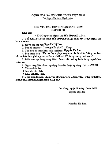 SKKN Một số biện pháp nâng cao chế độ dinh dưỡng và đảm bảo an toàn thực phẩm phòng chống dịch Covid-19 trong trường mầm non