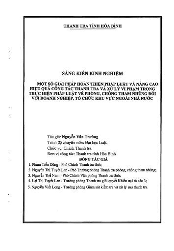 SKKN Một số giải pháp hoàn thiện PL và NC hiệu quả công tác thanh tra và xử lý vi phạm trong thực hiện PL về phòng, chống tham nhũng đối với DN, tổ chức khu vực ngoài NN