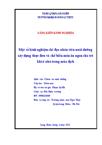 SKKN Một số kinh nghiệm chỉ đạo nhân viên nuôi dưỡng xây dựng thực đơn và chế biến món ăn cho trẻ khi ở nhà trong mùa dịch