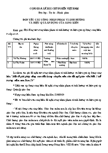 Đơn công nhận SKKN Một số giải pháp nâng cao chất lượng chuyên môn cho đội ngũ giáo viên Khối 5 tuổi trường Mầm non Bum Tở