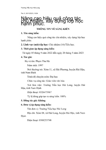 Sáng kiến kinh nghiệm Nâng cao hiệu quả công tác chủ nhiệm, xây dựng lớp học hạnh phúc