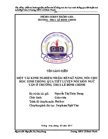 Sáng kiến kinh nghiệm Rèn kĩ năng nói cho học sinh thông qua tiết luyện nói môn Ngữ văn ở Trường THCS Lê Đình Chinh